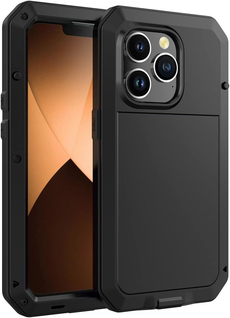 for iPhone 13 Pro Max Case,360 Full Body Protective Cover Heavy Duty Shockproof Tough Armour Aluminum Metal Case with Silicone Built-in Screen Protector for iPhone 13 Pro Max 6.7" - Black - Image 2