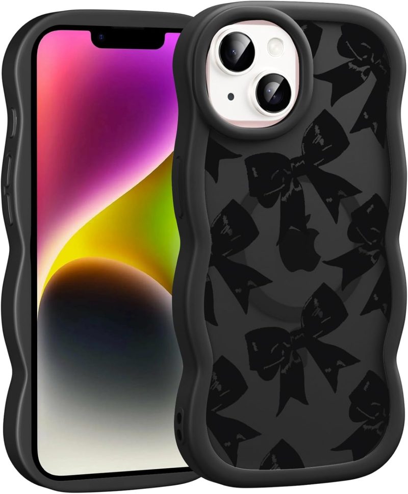 Cute Black Bow Phone Case for iPhone 13 / iPhone 14 6.1", Compatible with , Aesthetic Ribbon Bowknot Pattern Print Case Wavy Design Magnetic Women Girls Cover Shockproof Silicone Funda