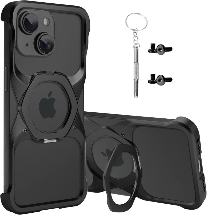 Frameless Phone Case Compatible with iPhone 14 Minimalist Phone Case Magnetic Kickstand Metal Frameless Protective Shock Case (Megalith) Black