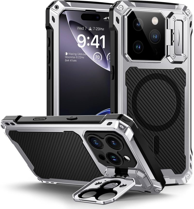 for iPhone 16 Pro Metal Case with Camera Cover & Stand [Compatible with ] [Built-in Kickstand] [Military-Grade Protection] Heavy Duty Rugged Magnetic Phone Case, Silver