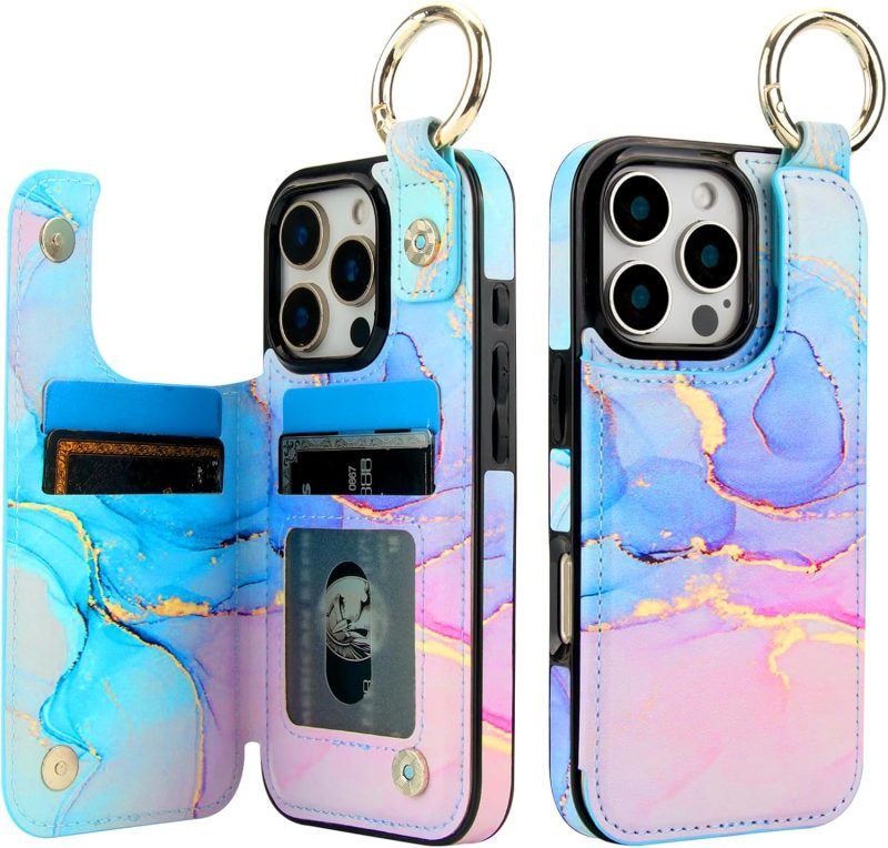 for iPhone 16 Pro Wallet Case with Card Holder, Pink Blue Marble Print Back Flip Folio PU Leather Kickstand Card Slots Case, Finger Grip Ring Double Magnetic Clasp Shockproof 6.3"
