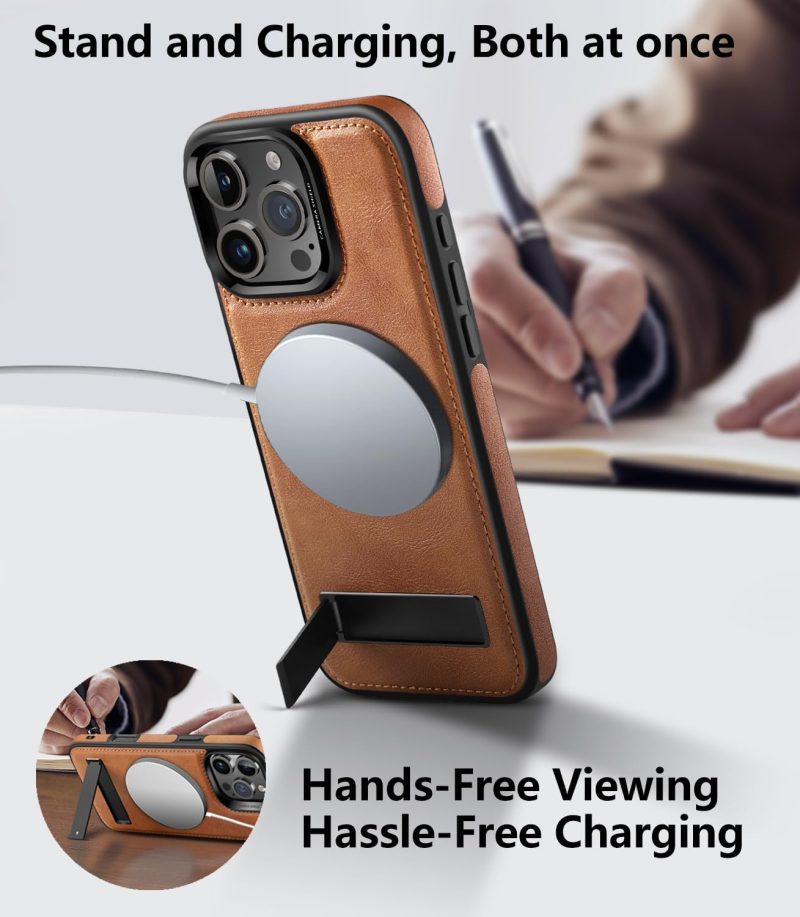 Strong Magnetic for iPhone 16 Pro Max Case Leather,[Compatible with ], Slim Adjustable Kickstand Phone Case for iPhone 16 Pro Max (2024) 6.9" (Brown) - Image 2