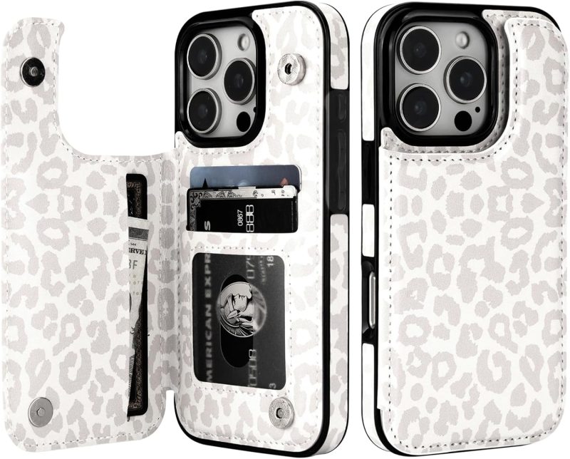 for iPhone 16 Pro Case Wallet with Card Holder, White Leopard Cheetah Pattern Back Flip Folio PU Leather Kickstand Card Slots Case for Women Girls, Double Magnetic Clasp Shockproof Case 6.3"