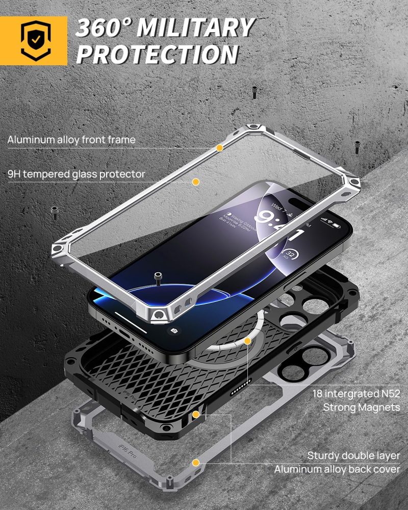 for iPhone 16 Pro Metal Case with Camera Cover & Stand [Compatible with ] [Built-in Kickstand] [Military-Grade Protection] Heavy Duty Rugged Magnetic Phone Case, Silver - Image 2