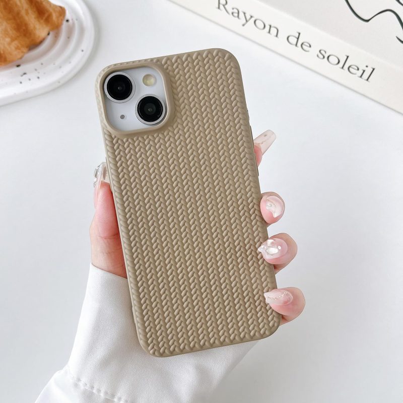 Case for iPhone 13/iPhone 14, Cute 3D Woven Solid Pattern Design, Soft TPU Shockproof Phone Cover, Light Brown - Image 2