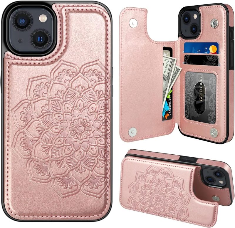 for iPhone 14 Case with Card Holder, Flower Magnetic Back Flip Case for iPhone 14 Wallet Case for Women, Protective Case Phone Case for iPhone 14,Rose Gold