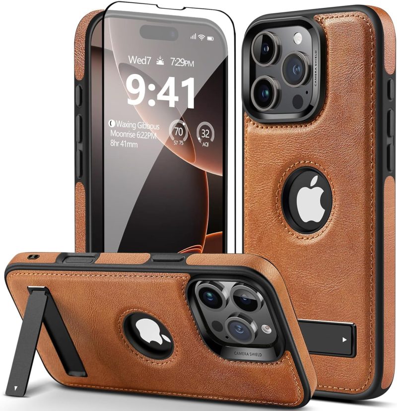 Strong Magnetic for iPhone 16 Pro Max Case Leather,[Compatible with ], Slim Adjustable Kickstand Phone Case for iPhone 16 Pro Max (2024) 6.9" (Brown)
