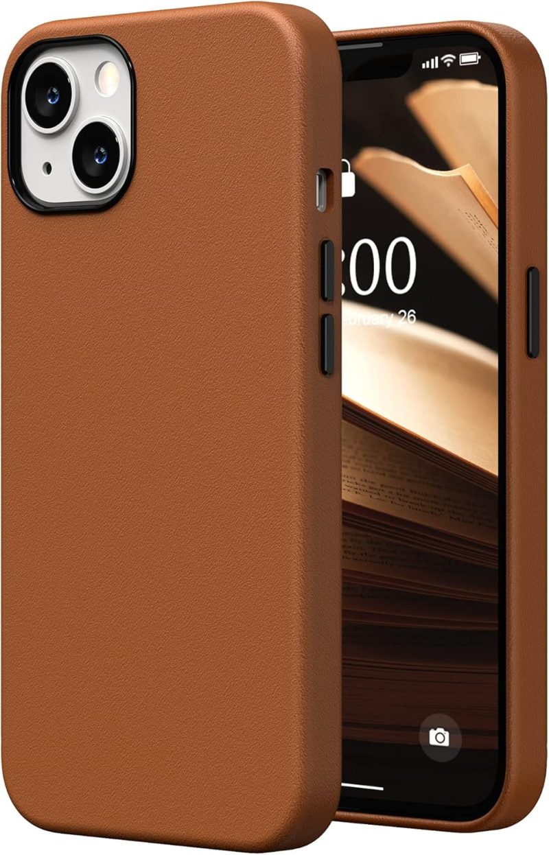 Compatible with iPhone 13 Case, Premium Faux Leather Phone Case (with Metallic Buttons & Microfiber Lining) for 13 (6.1 inch 2021), Brown