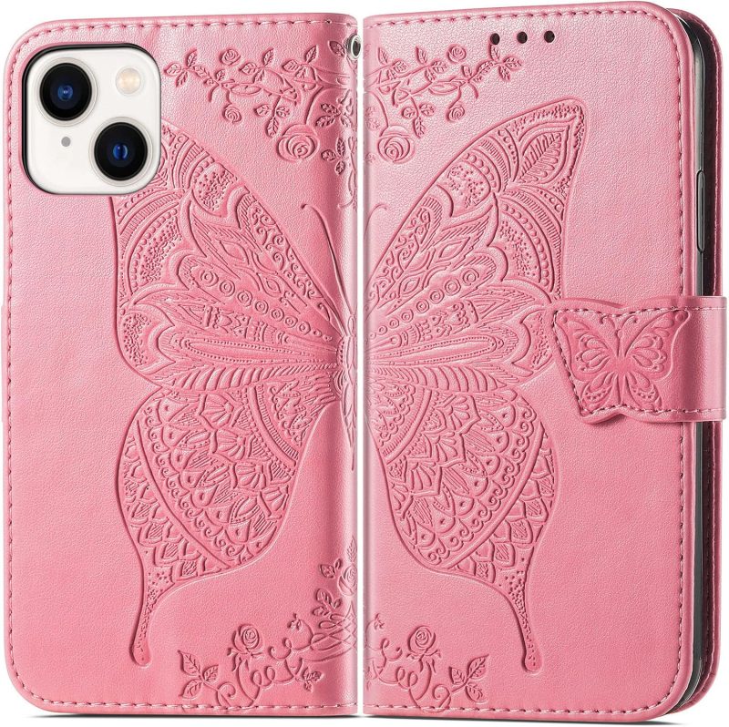 for iPhone 15 Wallet Case,PU Leather Flip Protective Phone Case Wrist Strap Credit Card Holder Pocket Emboss Butterfly Flower Kickstand Case for iPhone 15 Pink - Image 2